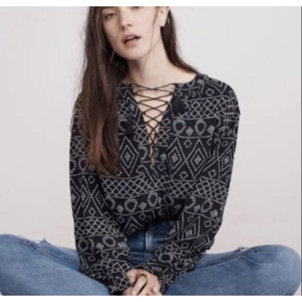 Madewell Lace-Up Peasant Caravan Print Top Blouse Style G0388 Size Small